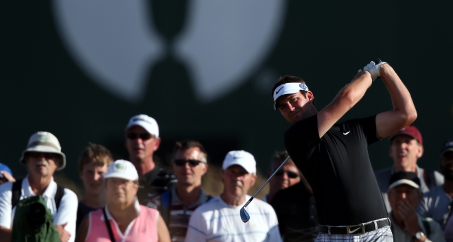 Scott Jamieson tees off during The Open Championship, complete with Nike tartans